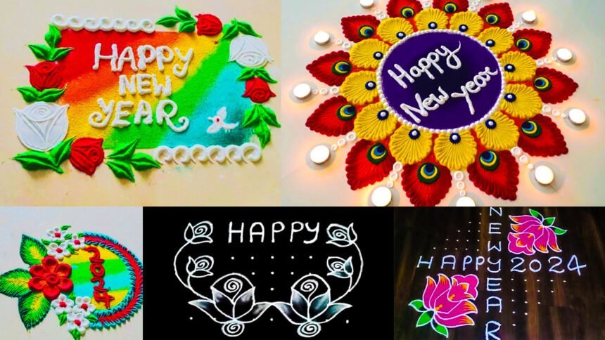 Happy new year 2024 rangoli designs images with dots | नया साल मुबारक हो 2024 रंगोली डिजाइन